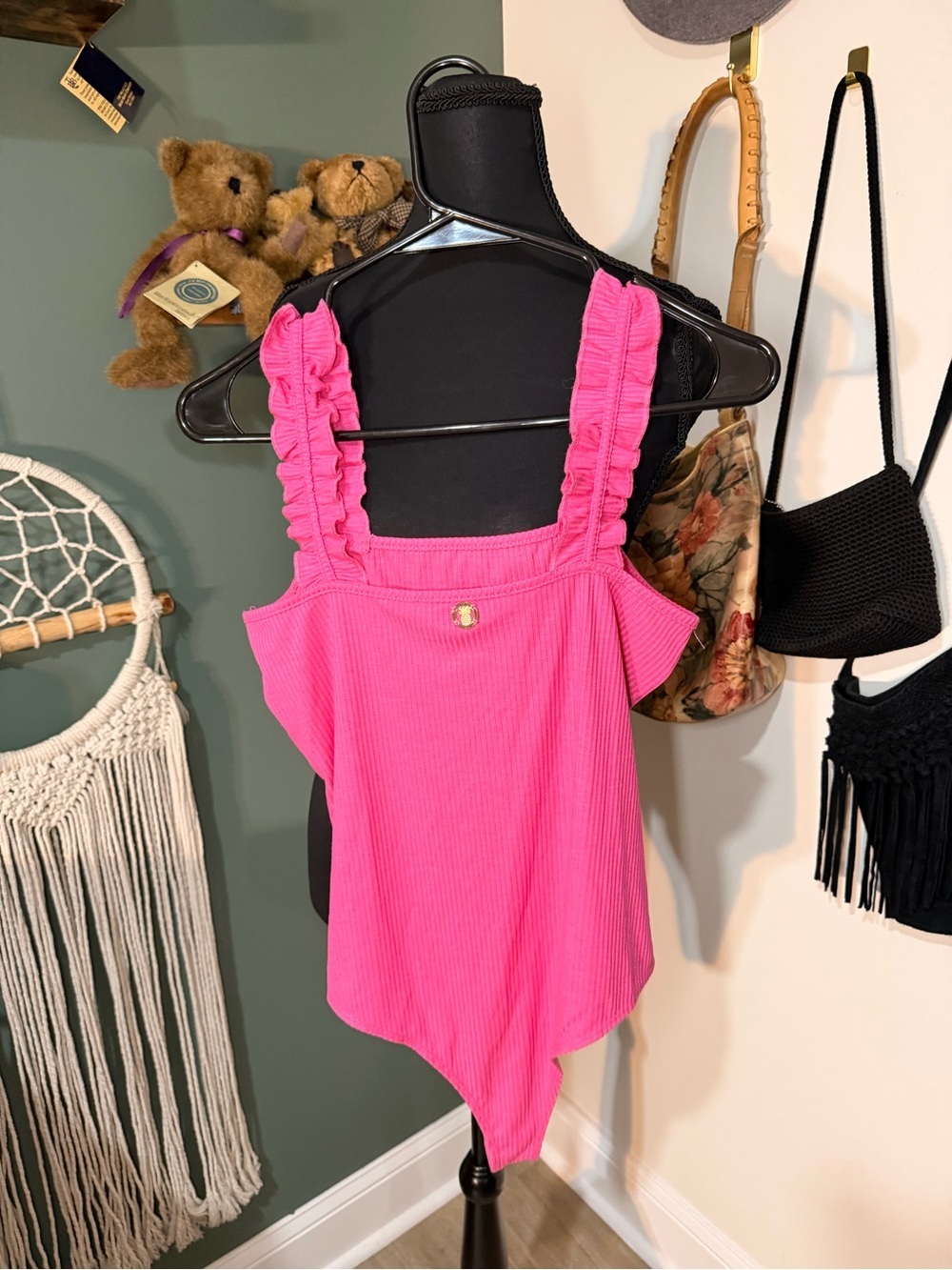 Simply Southern Hot Pink Ruffle Strap Ribbed Bodysuit - Picture 6 of 6